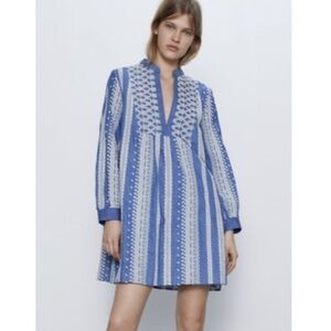 Zara Embroidered Eyelet Chambray Tunic Mini Dress Sz M